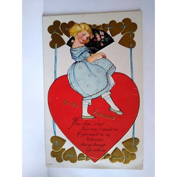 Valentine Postcard Women With Asian Fan Gold And Red Heads Embossed Series V 207 - Picture 2 of 3